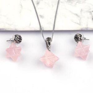 Pembe Kuvars Doğal Taş Kolye - Küpe 2'li Set
